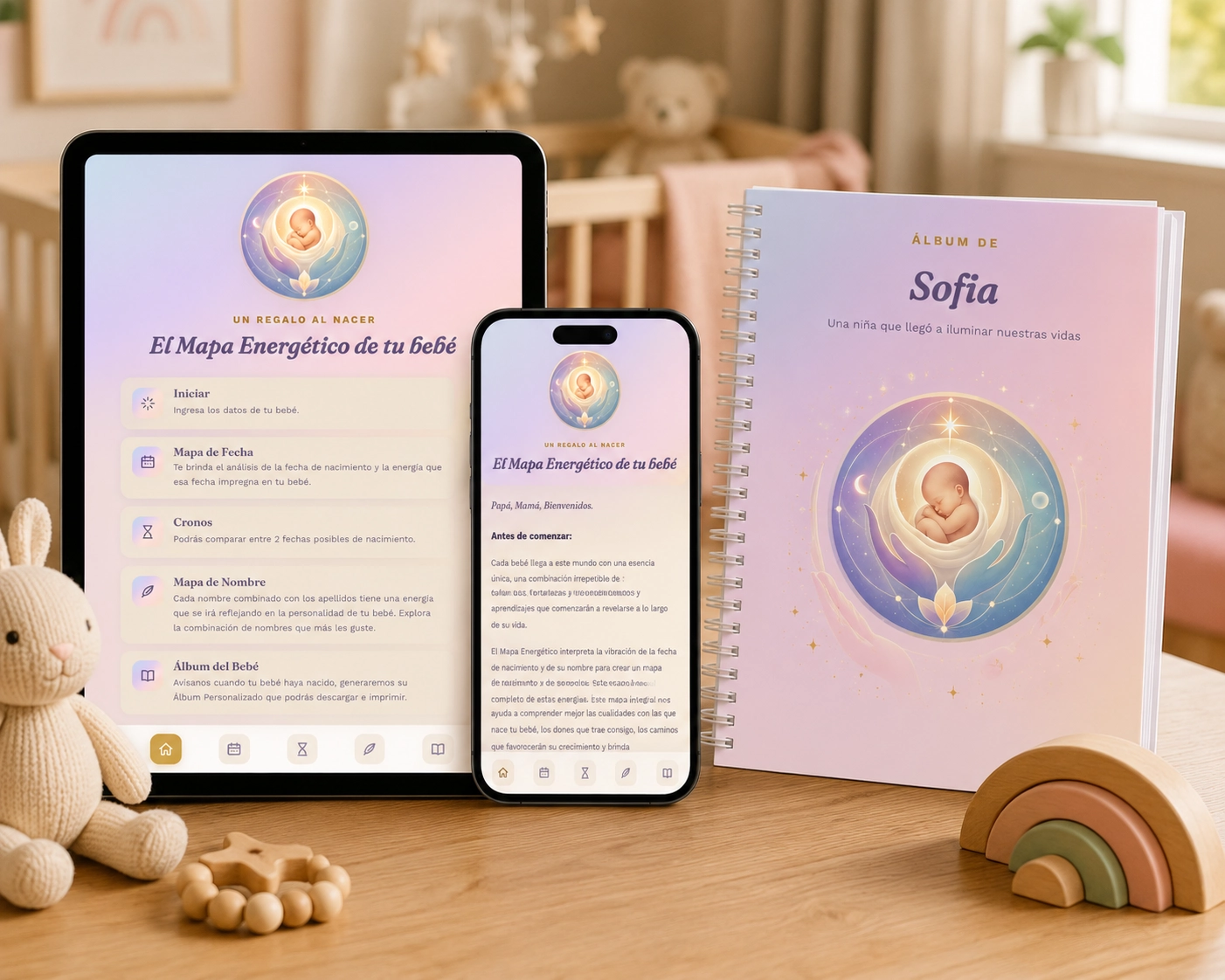 Un Regalo al Nacer en tablet y celular junto al Álbum del Bebé