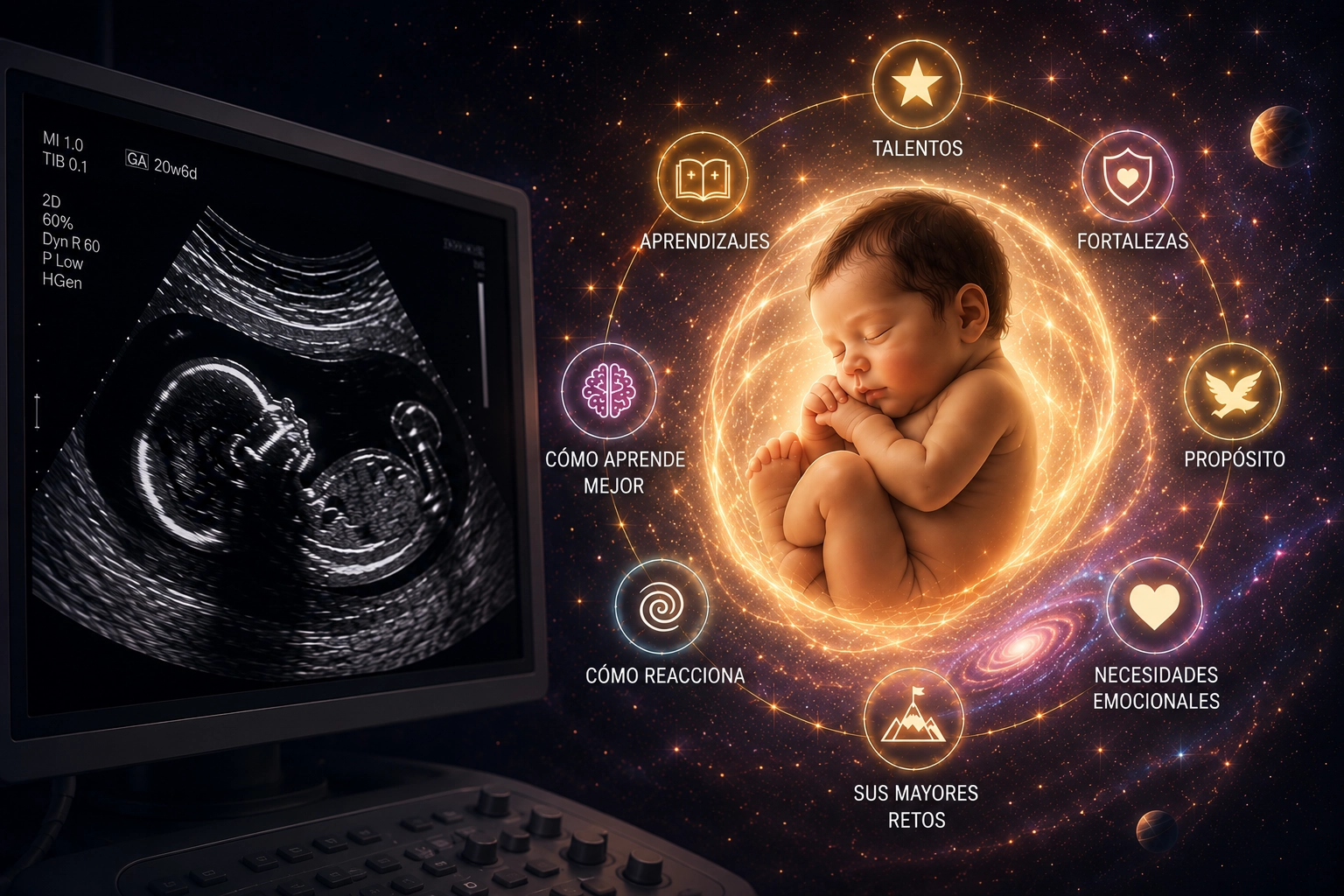 Ultrasonido junto a una representación visual del Mapa Energético del bebé